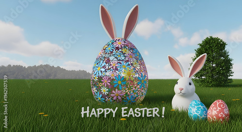 Happy Easter greeting with decorated eggs and bunny ears in a grassy field perfect for spring holiday celebrations and promotions