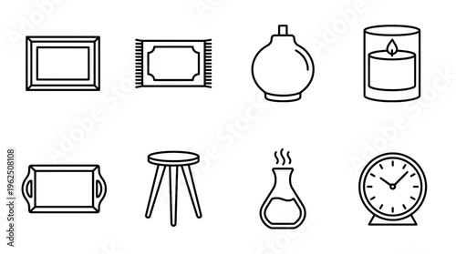 Minimalist home decor elements frame rug vase candle tray stool perfume clock