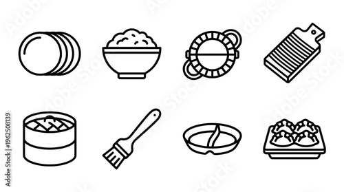 Cooking utensils and food icons in minimalist black and white style