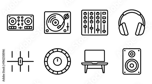 Dj equipment icons set turntable mixer headphones speaker vector illustrations