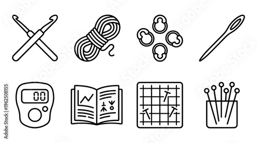 Crochet and knitting tools illustration set for crafts and needlework
