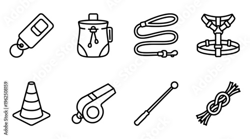 Dog training equipment icons whistles leashes harnesses and more
