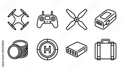 Drone and accessories vector icon set for commercial and editorial use