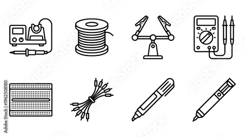 Electronic tools icons soldering iron multimeter breadboard wires markers