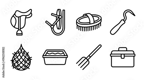 Equine care equipment collection of vector outline icons for design and use