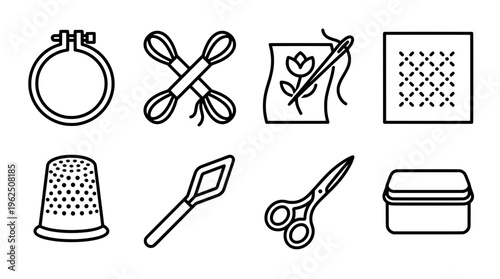 Embroidery tools icon set needle thread scissors hoop box vector