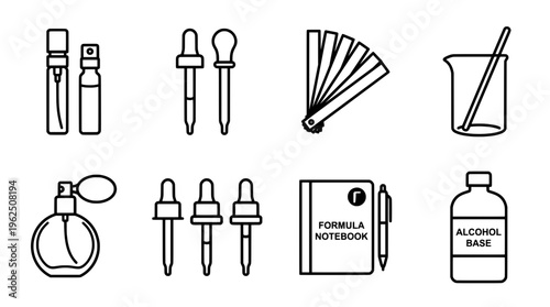 Essential perfumery tools and ingredients vector illustration set
