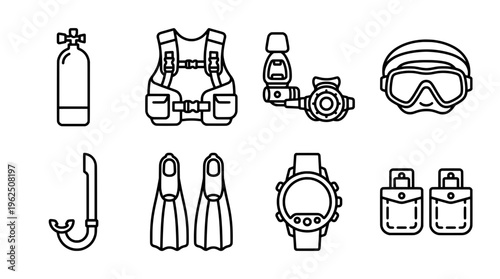 Essential scuba diving equipment illustration oxygen tanks masks and gear