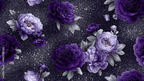Seamless pattern of purple and lavender peonies with soft silver foliage on glittering textured background, rich floral arrangement with refined contrast and elegant luxury style