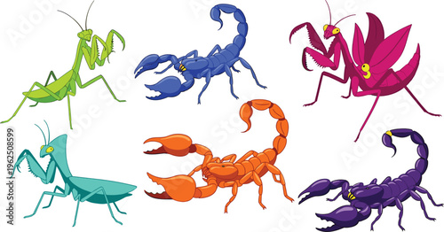 Colorful Scorpion and Praying Mantis Vector Icon Set with Stylized Predatory Insects and Arachnids for Gaming Logos, Esports Branding, and Nature Illustrations.