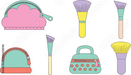 Cosmetic Makeup Bag and Brush Vector Icon Set with Toiletry Pouches and Professional Beauty Tools for Fashion Blogs, Salon Branding, and Skincare Design.