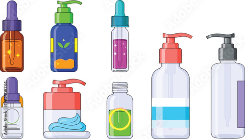 Cosmetic Packaging Icon Set with Serum Dropper Bottles, Pump Dispensers, and Skincare Gel Jars for Organic Beauty Branding, Medical Laboratory Glassware, and Wellness Products