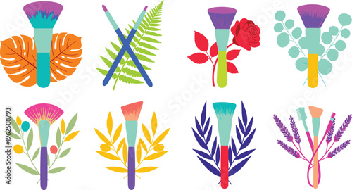 Floral Makeup Brush Icon Set with Botanical Leaves and Flowers for Organic Beauty Branding, Vegan Cosmetic Labels, Salon Logo Designs, and Fashion Illustrations.