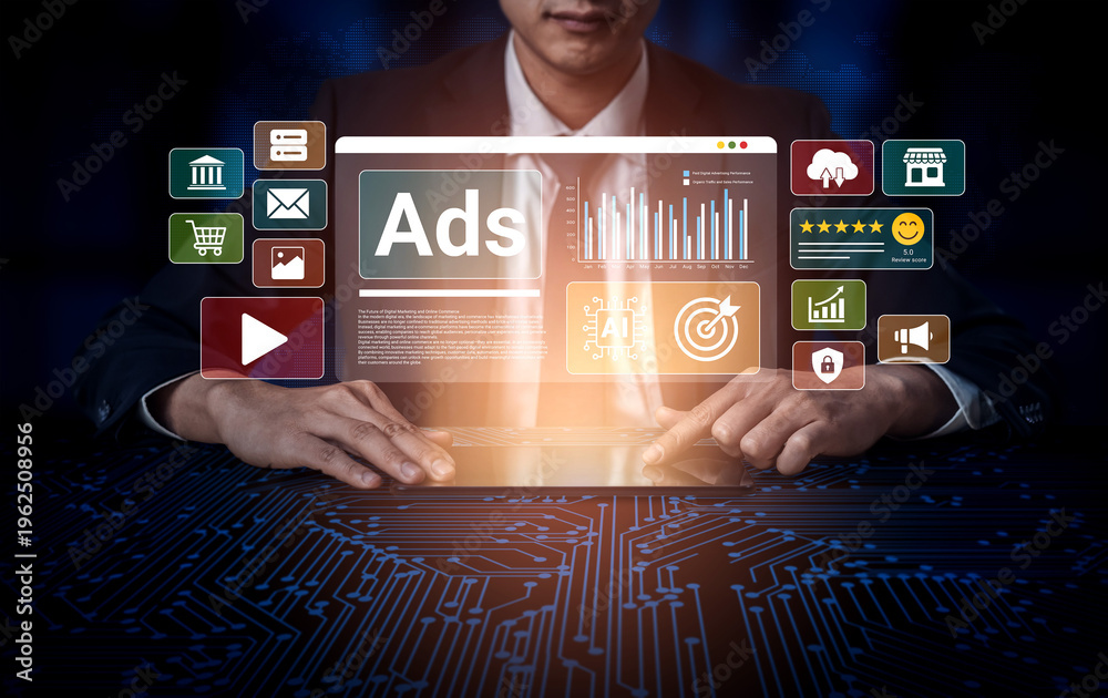 Obraz premium A businessman interacts with a digital tablet showcasing various online advertising elements, emphasizing analysis, management, and innovative strategies in a modern workspace. Ledger