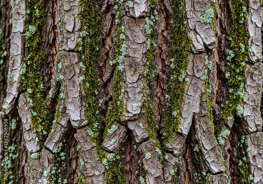 Obraz premium Mossy tree bark texture with green lichen natural rough organic surface