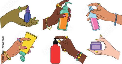 Hands Holding Cosmetic Products Icon Set with Diverse Skin Tones, Serum Droppers, Pump Bottles, and Skincare Tubes for Beauty Branding, Self Care, and Wellness Graphic Designs