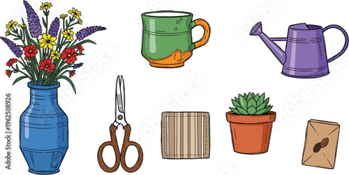 Gardening and Florist Icon Set with Flower Vase, Watering Can, Pruning Shears, Potted Succulent, and Coffee Mug for Hobby, Botanical, and Home Decor Designs