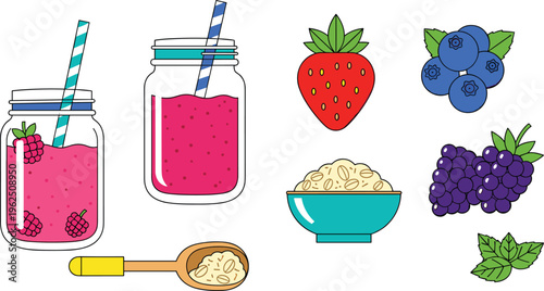 Healthy Breakfast Smoothie and Berry Vector Icon Set with Mason Jars, Strawberries, Blueberries, Blackberries, Oatmeal Bowl, and Spoon for Organic Food Menus.