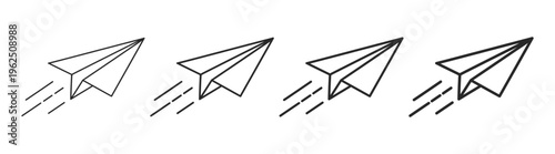 Paper plane icon set, flying paper airplane symbols, send message and email communication signs, minimal simple outline vector illustration on transparent background