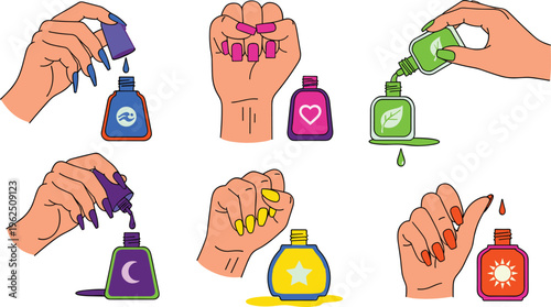 Nail Polish and Manicure Icon Set with Hands Holding Colorful Varnish Bottles, Long Fingernails, and Beauty Salon Symbols for Cosmetics and Fashion Branding