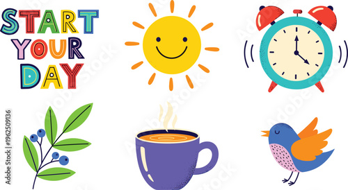 Morning Routine Icon Set with Happy Sun, Alarm Clock, Coffee Cup, and Bird Illustrations for Positive Start Your Day Mental Wellness and Daily Motivation Designs