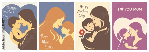 Mother’s Day vector card set featuring loving mom and child illustrations with warm pastel tones and heartfelt messages. Perfect for greeting cards, posters, prints and social media designs.