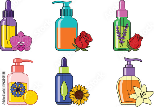 Organic Essential Oil and Floral Serum Icon Set with Dropper Bottles, Pump Dispensers, Rose, Sunflower, and Lavender for Natural Skincare and Aromatherapy Branding