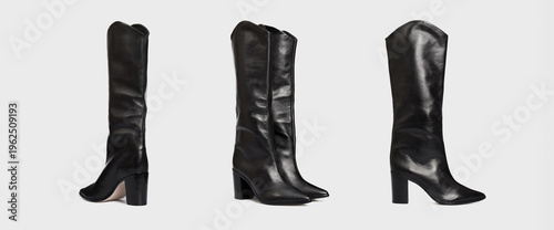 Fotografie Blank black women's leather knee high boots isolated on white background