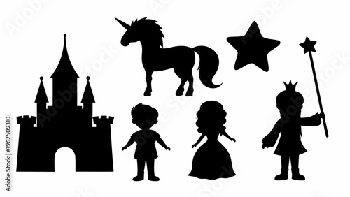 Silhouettes of fairy tale characters castle and unicorn magical scene with king queen child and wizard