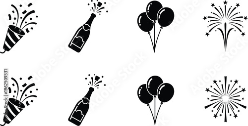 Celebration icon set party symbols with fireworks balloons and champagne
