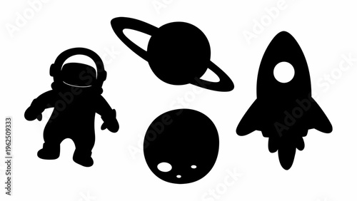 Silhouette of astronaut rocket planet and moon in space cute doodles for kids educational astronomy science and exploration themes black icons on white background