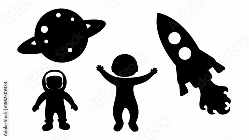 Silhouette of astronaut child and rocket launching into space with planet evoking wonder and exploration