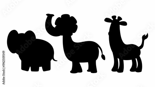 Cute silhouette set of three doodle animals elephant llama and giraffe standing together on white background kids' educational material playful learning animal shapes