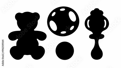 Black silhouettes of teddy bear ball pacifier and rattles on white background for baby toys and nursery art