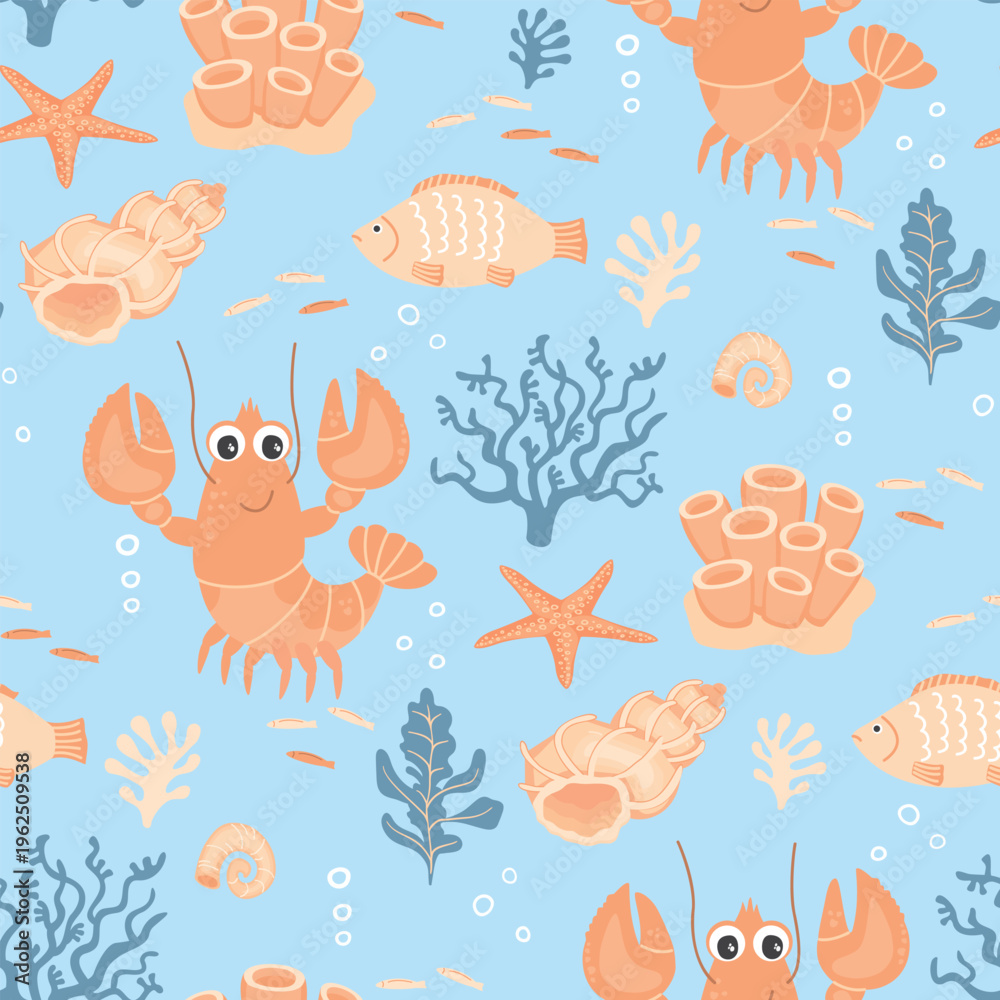 Obraz premium Seascape seamless pattern with cute lobster, starfish, fish, corals and shells. Cartoon underwater inhabitants on blue background. Print on fabric and paper. Vector design for textile, wallpaper.