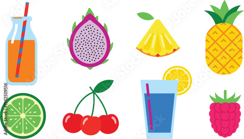 Tropical Fruit and Juice Bar Icon Set featuring Dragon Fruit, Pineapple, Raspberry, Cherries, Lime,