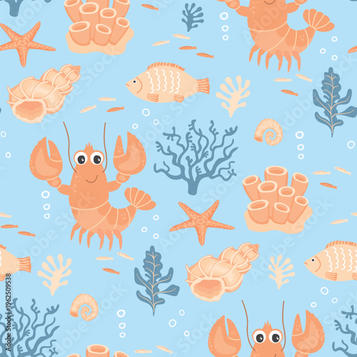 Seascape seamless pattern with cute lobster, starfish, fish, corals and shells. Cartoon underwater inhabitants on blue background. Print on fabric and paper. Vector design for textile, wallpaper.