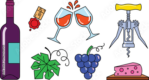 Wine Tasting and Vineyard Icon Set with Red Wine Bottle, Clinking Glasses, Corkscrew, Grapes, and Cheese for Restaurant Menu, Winery Branding, and Celebration Graphic Designs