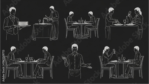 Restaurant CAD Human Figures – Seated Dining and Waiter Serving, 10 Technical Line Poses