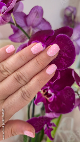 female hand with soft pink manicure and white polka dot nail design held near vibrant orchid flowers, beauty and nail care concept with delicate floral background