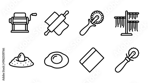 Pasta making equipment icons set in black and white on a white backdrop