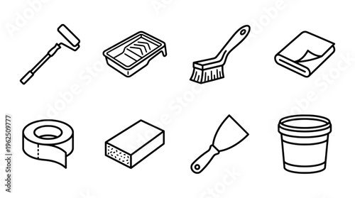 Painting tools illustration paint roller tray brush tape sponge and spatula