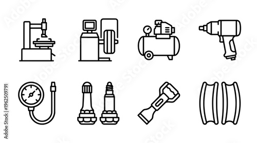 Set of automotive tools and equipment icons in line art style