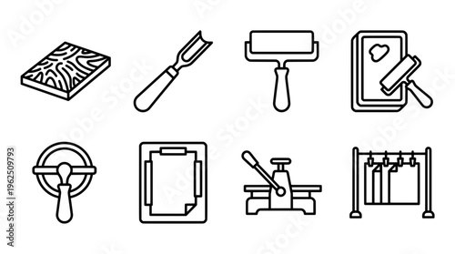 Printmaking tools illustration engraving roller press and paper in outlines