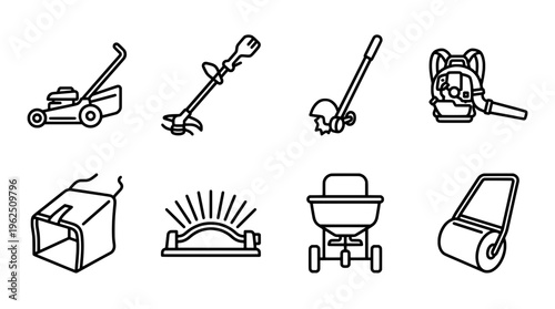 Set of gardening and lawn care tools illustrations in minimalist style