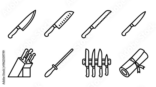 Set of kitchen knives and related tools in a minimalist line art style