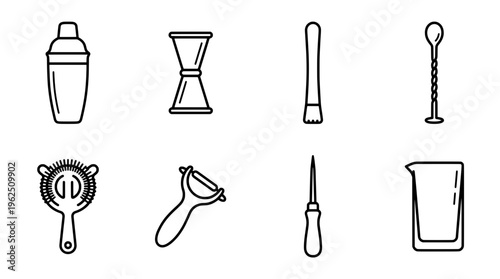 Outlined cocktail bar tools set for mixology and beverage preparation