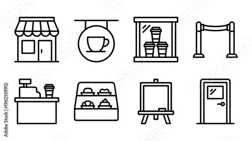 Outlined cafe icons shopfront coffee sign cups cashier blackboard door