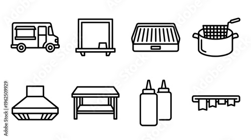 Outlined food truck and restaurant equipment icons for culinary themes