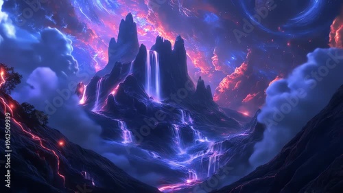 Fantasy landscape illustration with waterfalls and vibrant sky